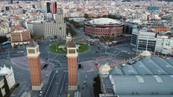 Barselona Venedik Kuleleri Barcelona Arenaları Ile Spanya Meydanı Nın Havadan — Stok video