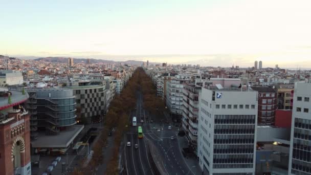 Panorama Aéreo Barcelona Por Mañana España Copter Volando Sobre Barrio — Vídeos de Stock