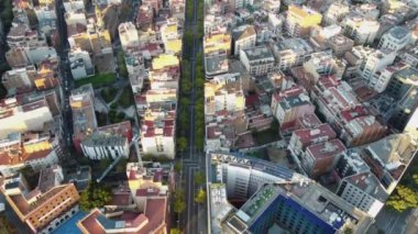 Gün ışığında konut alanının üzerinde uçmak. İspanya, Barselona 'da ağaçlarla çevrili ve yoğun yerleşim yerleri inşa edilmiş.