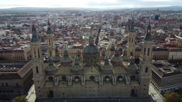 Aerial Cityscape Zaragoza Nuestra Senora Del Pilar Basilica Residential Areas — Stock Video