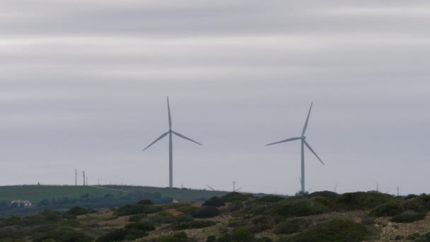 Zielona Wieś Obrotowymi Turbinami Wiatrowymi Niebie Energia Odnawialna — Wideo stockowe