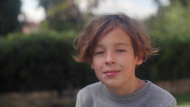 Detailní Portrét Dospívajícího Chlapce Proti Rozmazanému Zelenému Parku Lehký Úsměv — Stock video