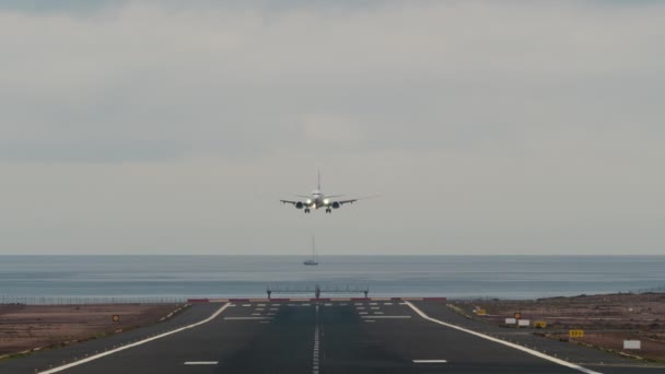 Frontansicht Das Flugzeug Landet Auf Der Landebahn Die Rand Des — Stockvideo