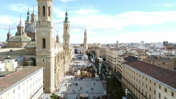 Letecký Snímek Zaragoza Katedrálou Bazilikou Panny Marie Pilíře Obytné Oblasti — Stock video