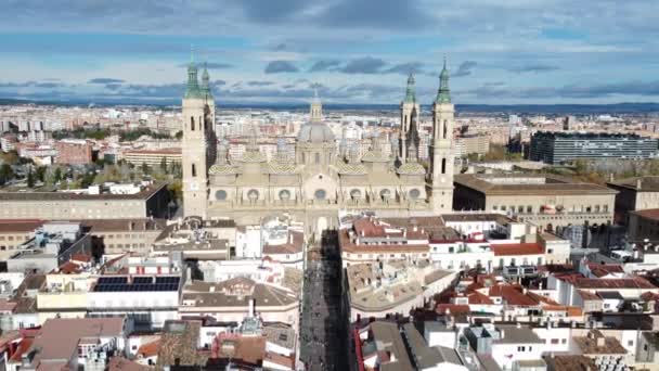 Vue Aérienne Saragosse Par Temps Ensoleillé Espagne Cathédrale Basilique Notre — Video