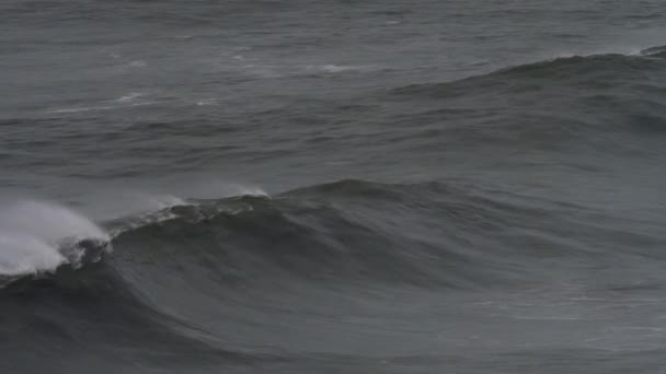 Grandes Olas Oceánicas Rompiendo Salpicando Con Espuma Clima Tormentoso Potente — Vídeo de stock