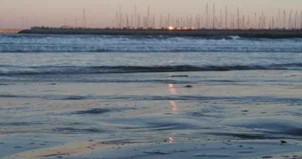 저녁에는 파도가 보이는 항구의 두루미를 배경으로 해변의 모래사장으로 천천히 밀려오고 — 비디오