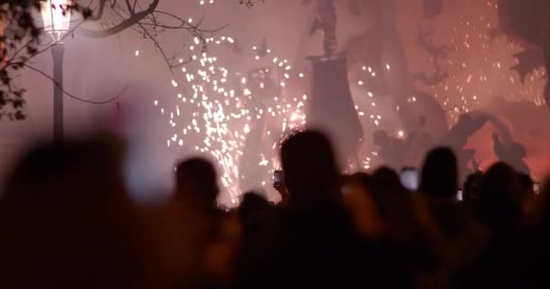 Crowd Unidentified People Gathering Watch Fireworks Ninot Burning Traditional Celebration — Video Stock