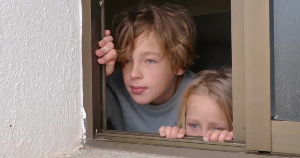 Boy Girl Looking Out Open House Window Elder Brother Showing — Vídeo de Stock
