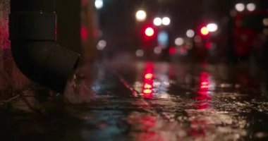 Close-up, at night, rainwater pours out of a drainpipe located on the wall of the house, forming puddles. Blurred bright reflections of traffic lights and cars are visible in the distance