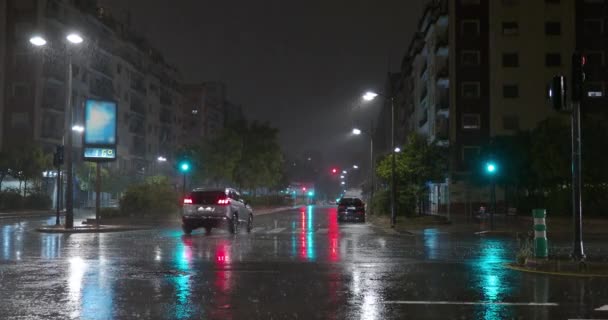 Вологі Вулиці Відбиттям Світлофора Мало Автомобілів Дощова Погода Місті Вночі — стокове відео
