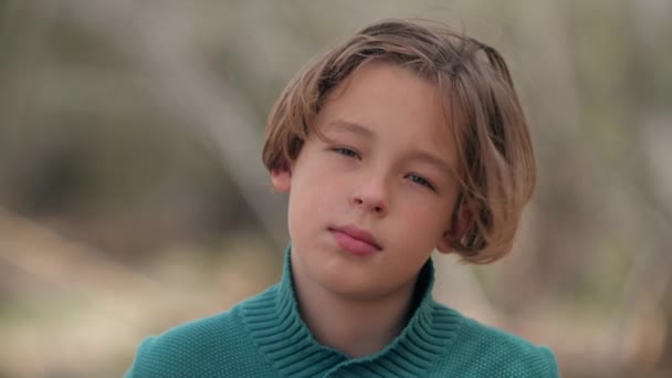 Відкритому Повітрі Крупним Планом Портрет Хлопчика Підлітка Який Дивиться Камеру — стокове відео