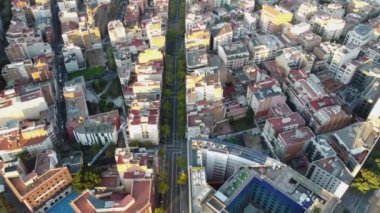 Gün ışığında konut alanının üzerinde uçmak. İspanya, Barselona 'da ağaçlarla çevrili ve yoğun yerleşim yerleri inşa edilmiş.