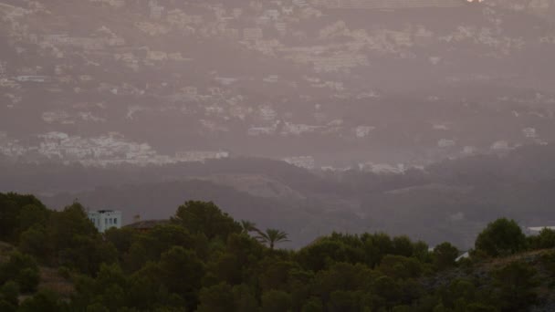 Mountain Terrain Thick Green Forests Haze Distant Town Hillside Spain — 图库视频影像