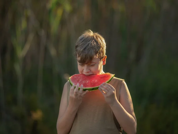 Boy Watermelon Dark Background — Stock Photo, Image