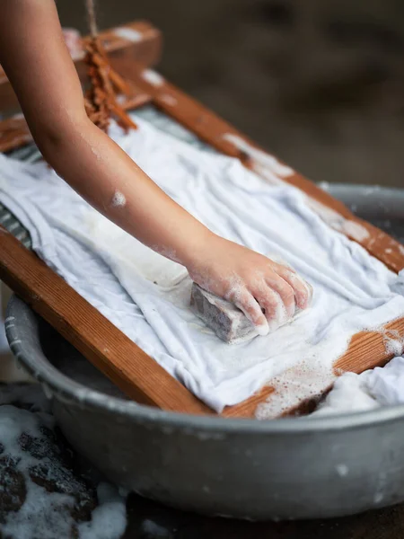 Hands Little Girl Wash Things Soap Retro Frame — Foto Stock