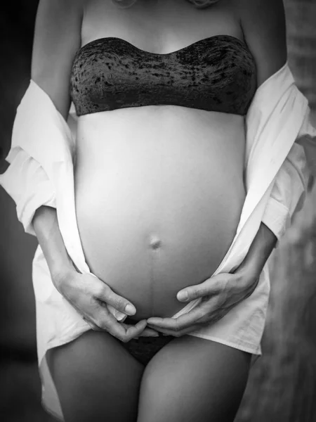 Imagem Preto Branco Das Mães Mãos Segurando Barriga — Fotografia de Stock