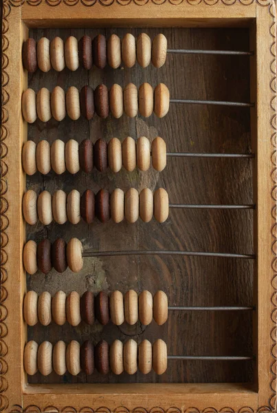 Oude Rekenkundige Abacus Het Bureau Bovenaanzicht Achtergrond Met Kopieerruimte — Stockfoto