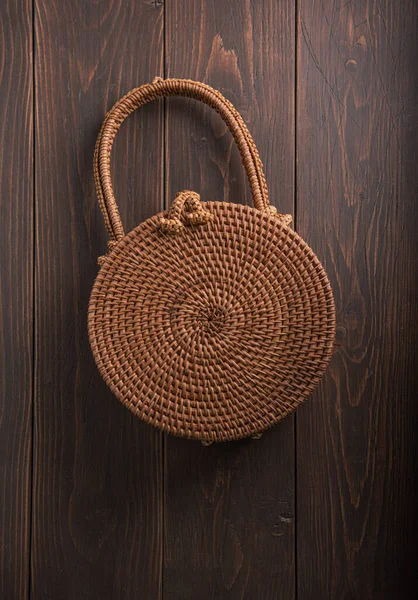 Modern Stylish Straw Bag Wooden Background Close — Stock Photo, Image