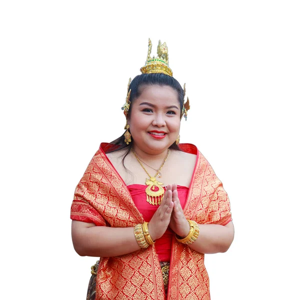 Χαμογελαστή Ασιάτισσα Ταϊλανδέζικο Φόρεμα Χέρια Διπλωμένα Χαιρετισμό Φόντο Αρχαίο Ερειπωμένο — Φωτογραφία Αρχείου