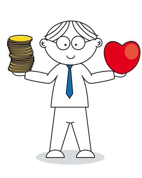 Man with a heart in hand and money in the other — Stock Vector