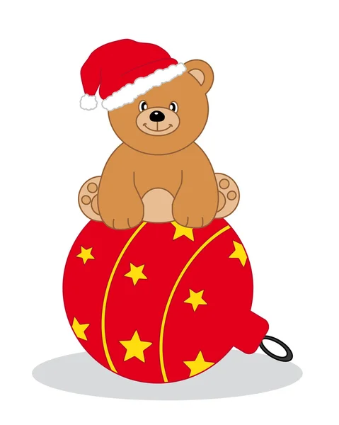 Bear sitting atop a Christmas tree ball — Stock Vector