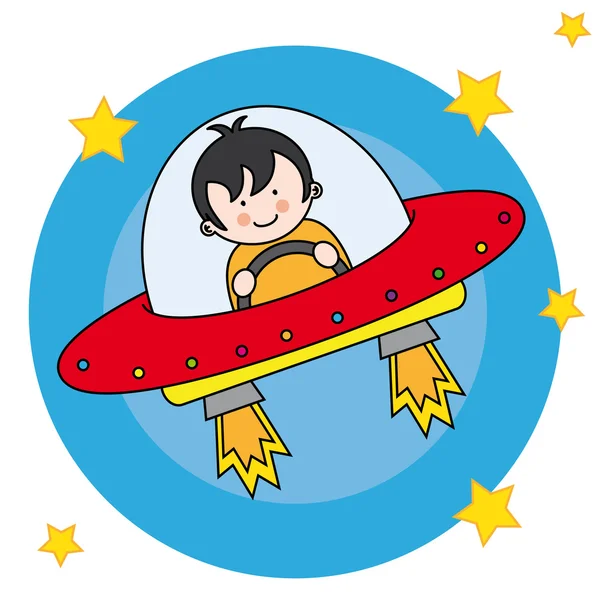 Niño volando una nave espacial — Vector de stock