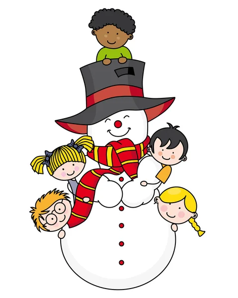 Children playing with a snowman — Stock Vector