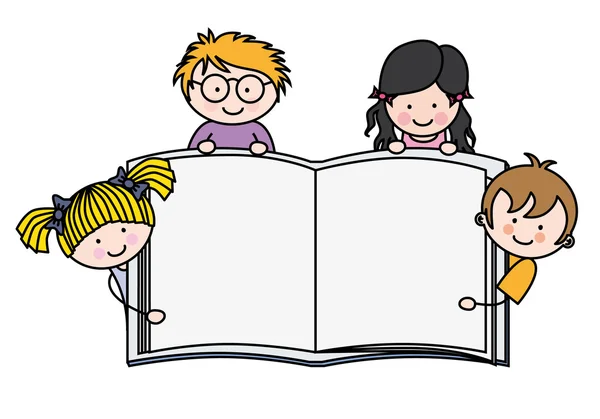 Bambini con un libro con pagine bianche — Vettoriale Stock
