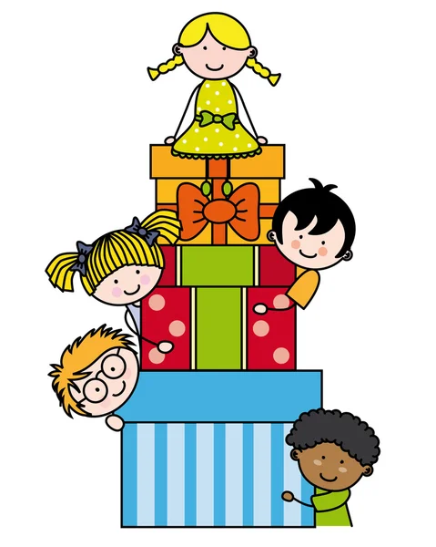Enfants avec paquets cadeaux — Image vectorielle