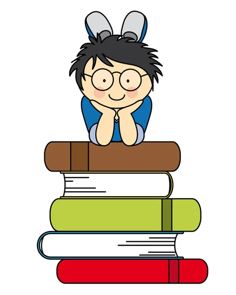 Chico con muchos libros — Vector de stock