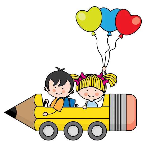 Kids riding a pencil car — Stock Vector