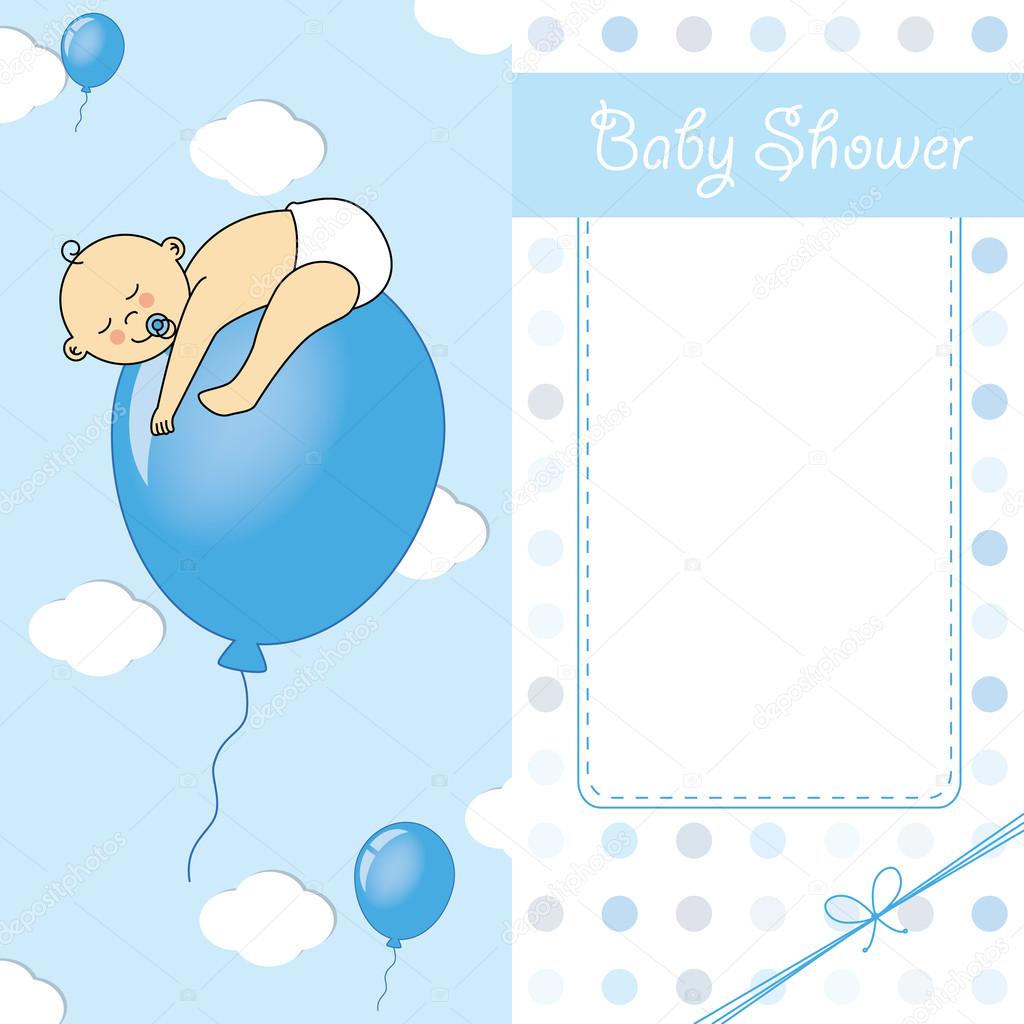 Child sleeping on top of a balloon. baby boy birth card