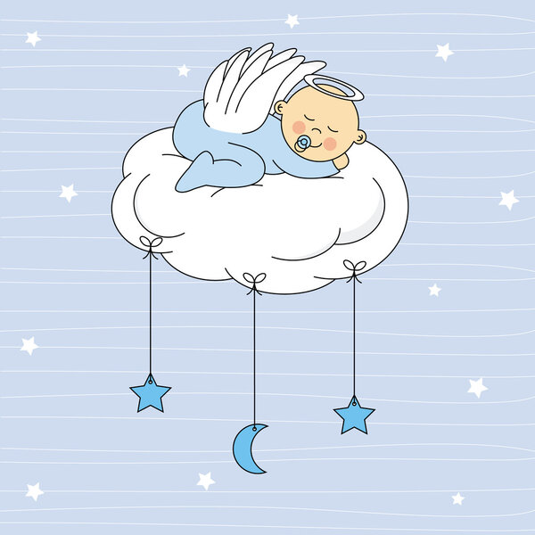 Baby girl dressed angel sleeping on a cloud