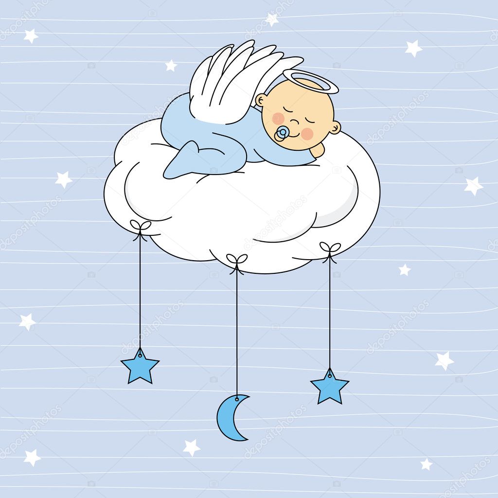 Baby girl dressed angel sleeping on a cloud