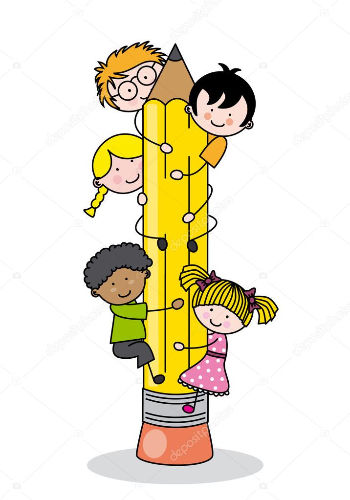 Children climbing up a pencil