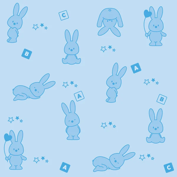 Fondo azul bebé. Conejos divertidos — Vector de stock