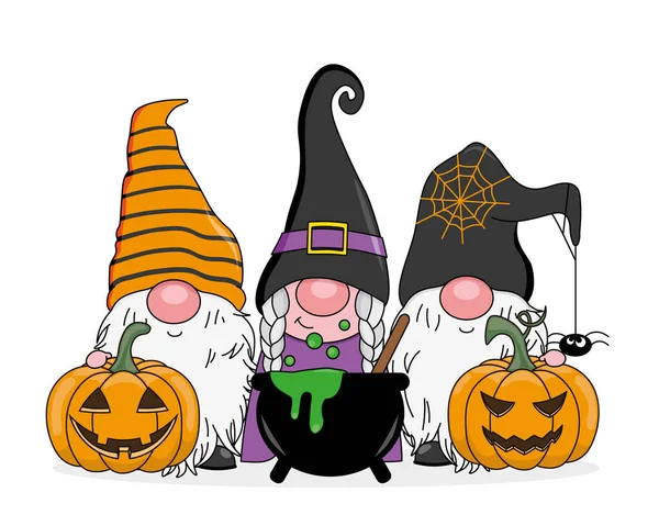 Drie Halloween Kabouters Met Pompoenen Toverdrank Geïsoleerde Vector — Stockvector