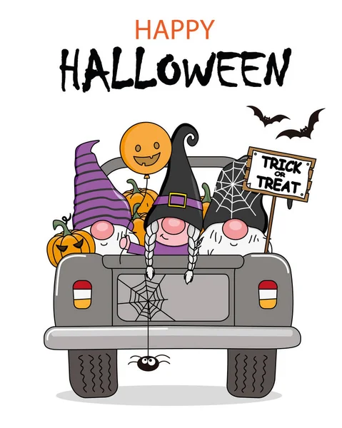 Halloween Card Three Gnomes Vehicle Celebrating Halloween Isolated Vector — Stock Vector