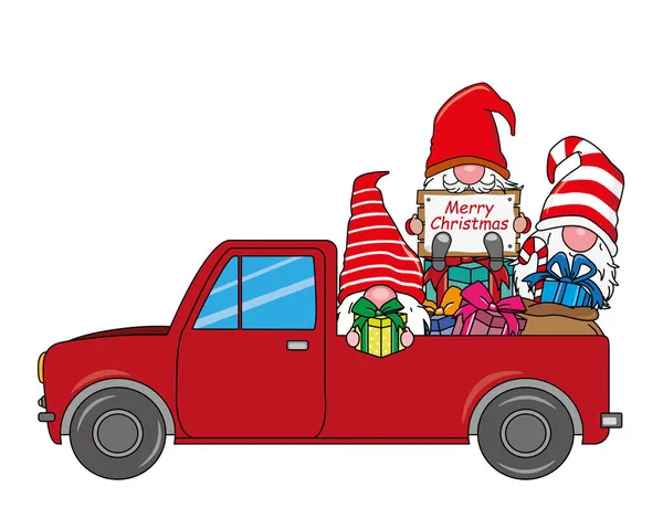 Julkort Gnomes Bil Med Många Gåvor Isolerad Vektor — Stock vektor