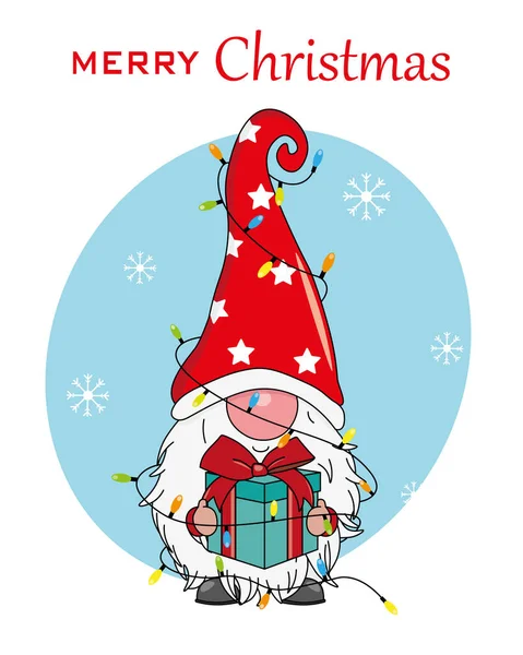 Carte Noël Mignon Gnome Avec Cadeau Lumières Noël Vecteur Isolé — Image vectorielle