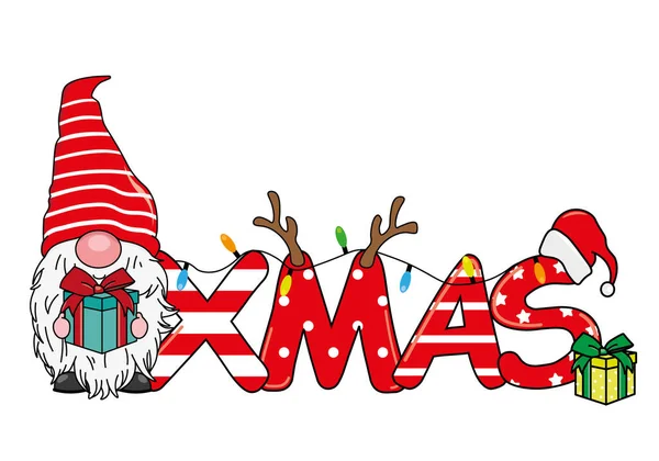 Christmas Card Cute Gnome Gift Word Xmas — Stock Vector