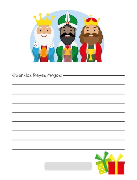 Carta Los Reyes Magos Oriente Texto Español Querido Tres Reyes — Vector de stock