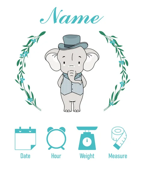 可愛い象 赤ちゃんの誕生印刷物 出生時のベビーデータテンプレート 誕生の重量 時間と日 — ストックベクタ