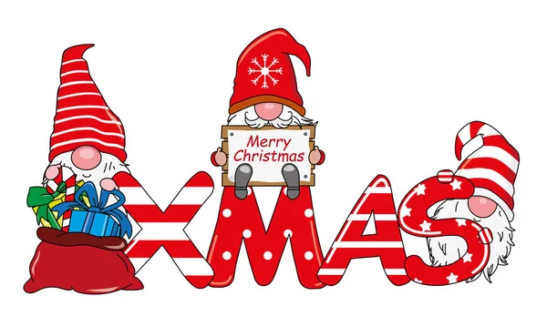 Christmas Card Cute Gnomes Gift Word Xmas — Stock Vector