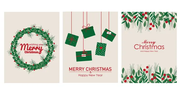 Conjunto Três Postais Natal Vermelho Verde Com Elementos Natal — Vetor de Stock