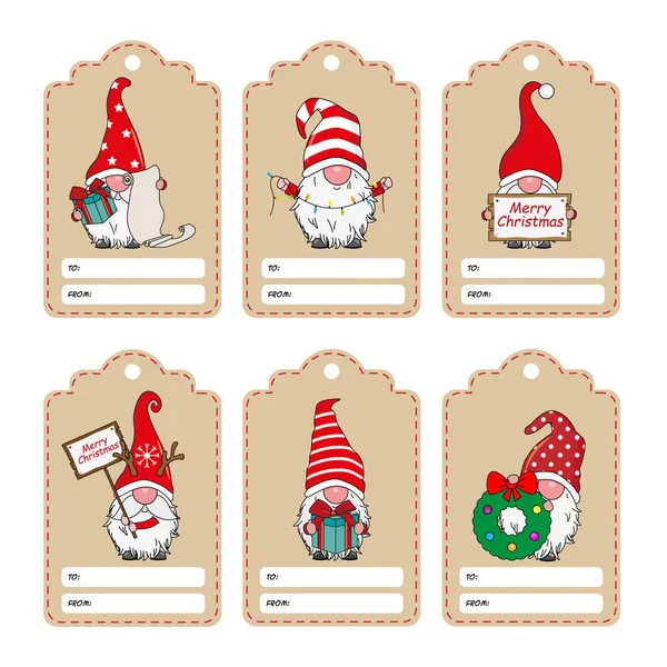 Set Six Labels Christmas Gnomes — Stock Vector