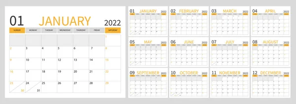 Calendar 2022 Year Clean Minimal Table Simple Style Set Months — Stock Vector