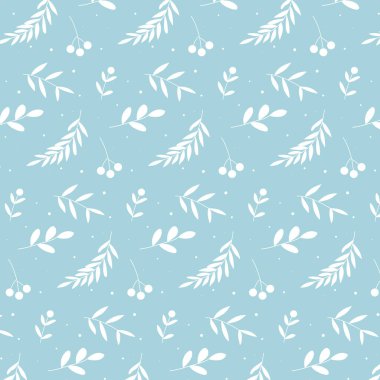  Mavi arka planda dalları, yaprakları ve böğürtlenleri olan kusursuz bir Noel deseni. Vektör illüstrasyonu.