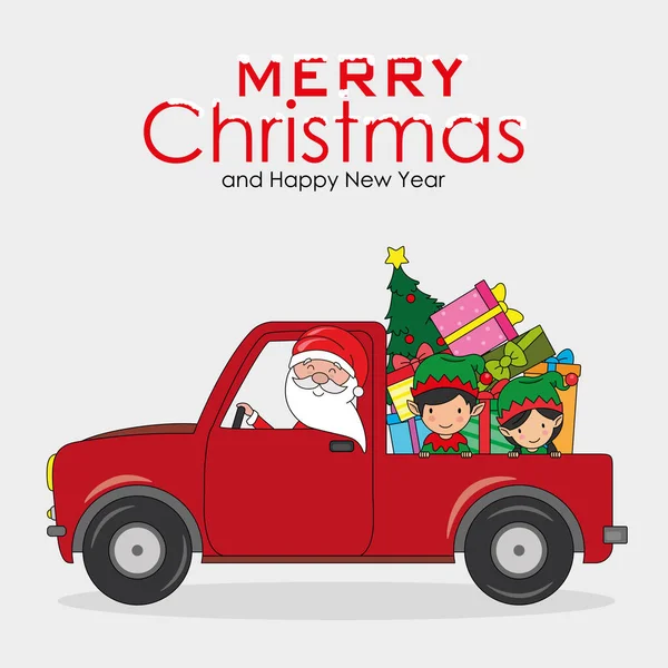 Świąteczna Kartka Santa Claus Dwa Elfy Niosące Prezenty Samochodem — Wektor stockowy